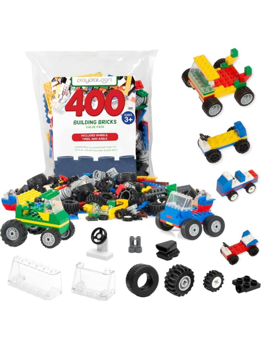400-Piece Car Building Set with Wheels, Axles, Windshields & Bonus Bricks